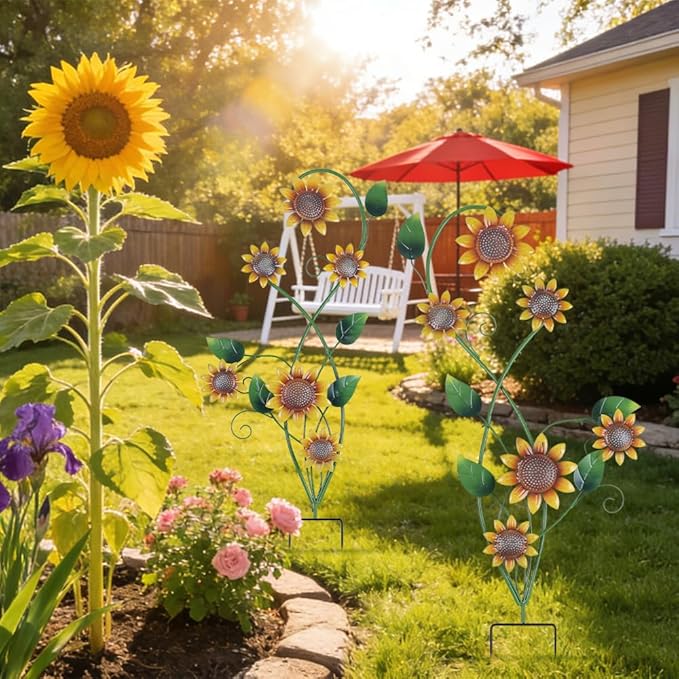 YEAHOME Garden Decor for Outside, 2 Pack 37“ Metal Sunflowers Garden Stakes, Spring Wall Decor, Yellow Look & Personalities Flowers Yard Art for Outdoor Lawn Backyard Porch Patio Home Decorations