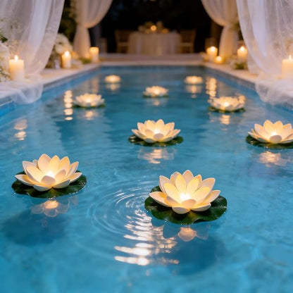 12PCS Waterproof Floating Lotus Light, 5 Inch Floating Lily Flower Water Activated Artificial Flowers Battery Operated Warm White Light for Wedding Pool Anniversary Garden Decor