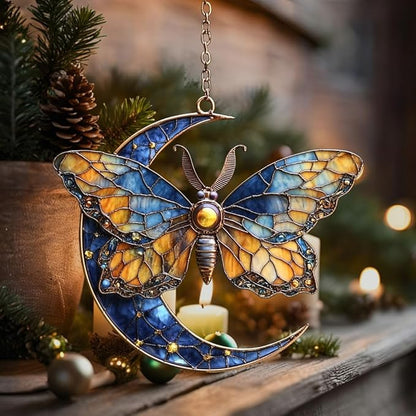 Vivid Tiffany Butterfly Moon Art Acrylic Suncatcher Stained Glass Effect Window Car Hanging Christmas Ornament Indoor Outdoor Decor Garden Sun Catcher Panel for Boho Lover for Women Mom Grandma
