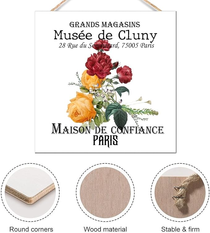 Vintage Wood Home Decor Sign 8x8 Inch French Vintage Floral Farmhouse Wooden Sign for Front Door Entrance Indoor Outdoor Garden Patio Yard Rustic Wall Art Craft Hanging Signs