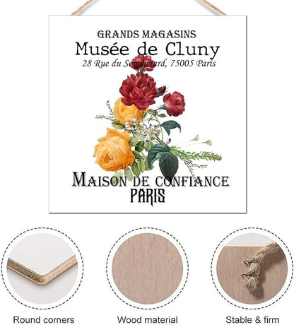 Vintage Wood Home Decor Sign 8x8 Inch French Vintage Floral Farmhouse Wooden Sign for Front Door Entrance Indoor Outdoor Garden Patio Yard Rustic Wall Art Craft Hanging Signs