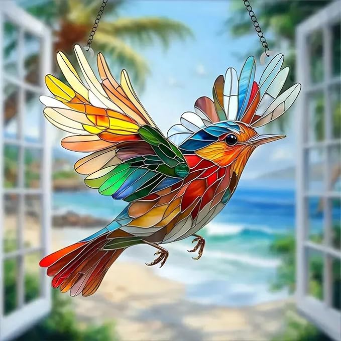 7.8inch Stain Glass Sun Catcher Window Hanging Bird Suncatchers with Metal Chain，Hummingbird Suncatcher Double Side Window Ornament Decoration Indoor Outdoor Ornament for Garden Home Housewarming Gift