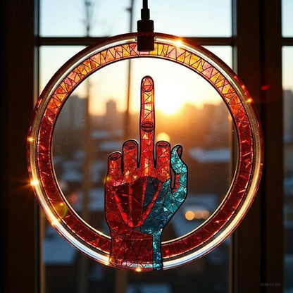 Middle Finger Suncatcher Color Stained Glass Window Hanging, Handmade Acrylic Funny Light Sun Catcher Indoor Outdoor Wall Hanger Ornament, Hand-Painted Glass Panel Decor for Home Office (A)