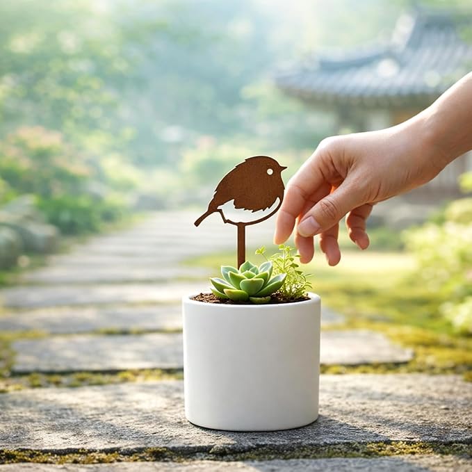 Chickadee Small Bird Metal Garden Stake – Powder-Coated Rust-Resistant Mini Bird Plant Pick for Pots & Planters, Cute Indoor/Outdoor Garden Decor