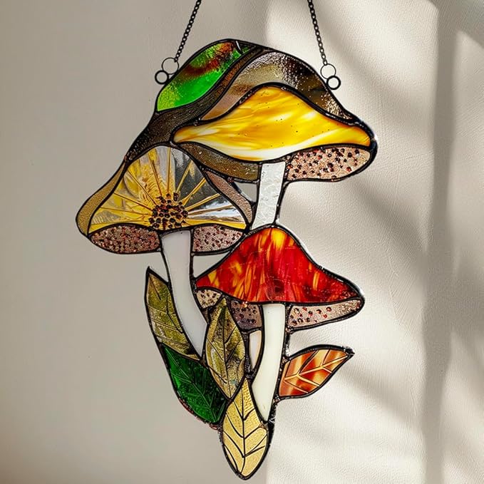 Mushrooms Window Hanging,Stained Acrylic Mushroom Sun Catcher for Home Office Wall Window Decor