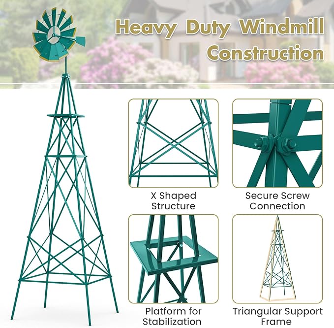 DREAMADE 8ft Steel Windmill, Farmhouse Windmill Decoration with Directional Vane, 4 Anchoring Stakes & Reinforced Base, Weather-Ready Garden Spinner for Backyard, Garden, Patios, Rural Areas (Green)