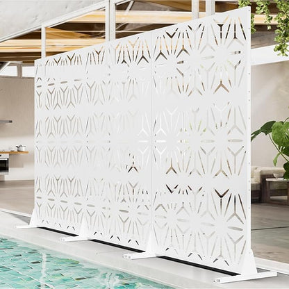 Metal Privacy Screen for Outdoor Freestanding Privacy Screens, 72" H x 44" W Patio Metal Fence Panels with Stand, Portable White Screens for Outside Deck Balcony Garden and Indoor