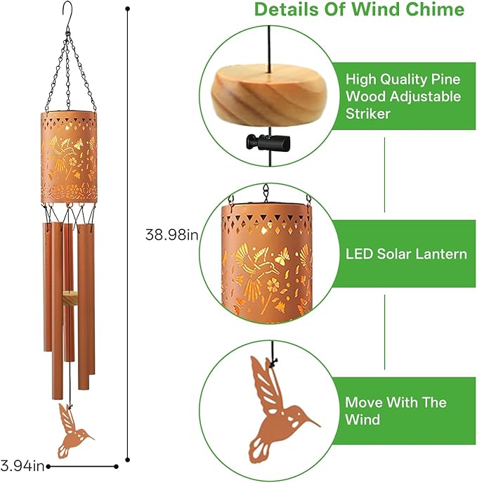 Solar Hummingbird Wind Chimes for Outside Garden Wind Chime with Metal Silhouette, Decor for Patio, Yard, Balcony, for Women Men Festivals/Birthday/Christmas