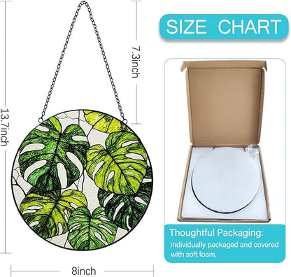 Stained Glass Window Hanging, 8 Inch Monstera Plant Suncatcher, Sun Catchers Indoor Window, Tropical Leaf Suncatchers for Windows Hanging, Spring Home Garden Decor Panel Plant Lover Gift for Women Mom