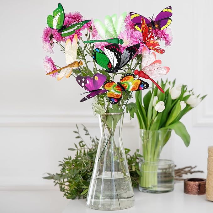48 Pcs 3D Dragonfly Butterfly Garden Decor Dragon Fly Butterfly Garden Stakes with Sticks Colorful Butterflies Dragonflies Yard Art Ornaments for Indoor Outdoor Planter Pot Pathway Patio Decoration