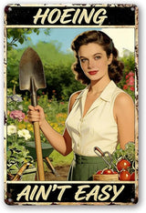 Garden Signs for Outside - Hoeing Ain't Easy, Funny Metal Signs for Home Garden Patio Yard, Vintage Gardening Gifts for Women, Wall Decor 12" x 8"