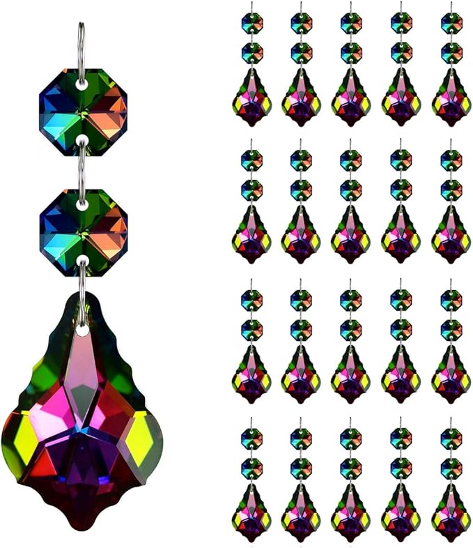 20pcs Chandelier Crystals Maple Leaf Prism Pendant Parts Connected Glass Octagon Beads Chain for Chandelier Decoration 38mm (Rainbow)