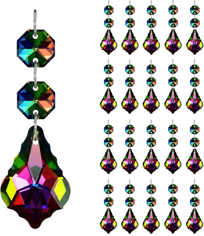 20pcs Chandelier Crystals Maple Leaf Prism Pendant Parts Connected Glass Octagon Beads Chain for Chandelier Decoration 38mm (Rainbow)