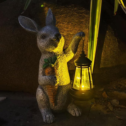Garden Statues Rabbit Solar Lantern Outdoor Handmade Resin Statue Bunny with Cute Carrot for Patio, Yard, Mother's Day Gift Ideas