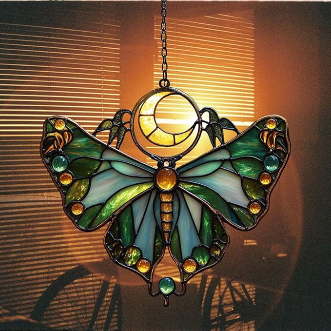 Cresent Moon Luna Moth Acrylic Suncatcher Stained Glass Effect Window Car Hanging Christmas Ornament Indoor Outdoor Decor Garden Sun Catcher Panel for Butterfly Lover for Women Mom Grandma