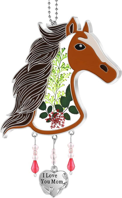 KY&BOSAM Suncatcher Horse Head Glass Hand-Painted I Love You Mom Suncatchers Ornament hangings Wind Chime with Pressed Flower Horse Embedded in Glass Window Mother`s Day Birthdays…