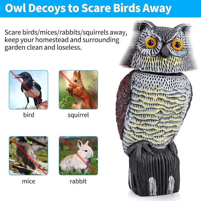 Owl Decoys to Scare Birds Squirrels Away, 360 Rotating Head Activated, Fake Owl Statues Repellent Pest Hawk Squirrel Cats Chickens Pigeon Bird Deterrents for Outside Garden Patios Backyard