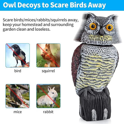 Owl Decoys to Scare Birds Squirrels Away, 360 Rotating Head Activated, Fake Owl Statues Repellent Pest Hawk Squirrel Cats Chickens Pigeon Bird Deterrents for Outside Garden Patios Backyard