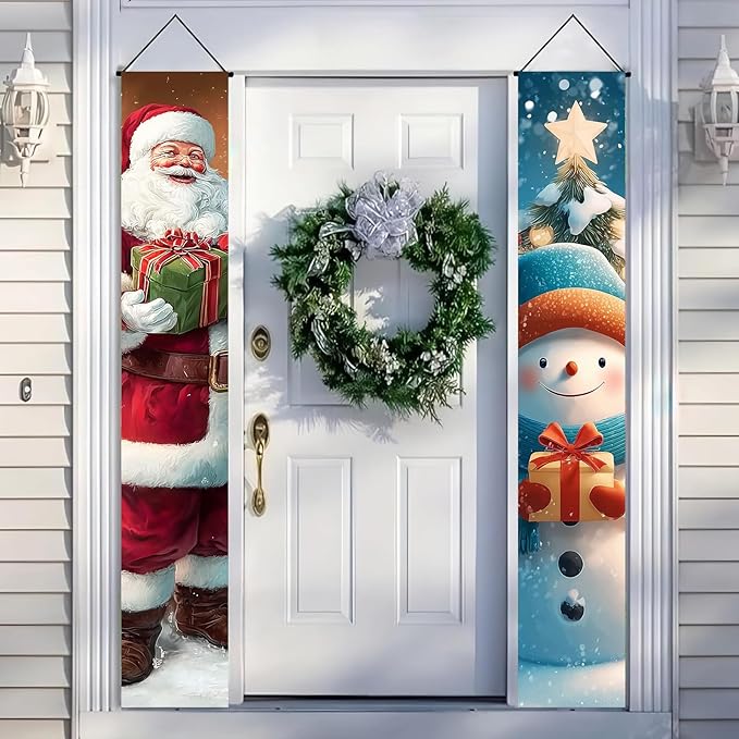 BlissYard Christmas Banner 12x71 Santa Claus Snowman Decorations Merry Christmas Porch Sign Christmas Door Banner Winter Hanging Banner Front Door Decor Outdoor Holiday Welcome Home Yard Entryway