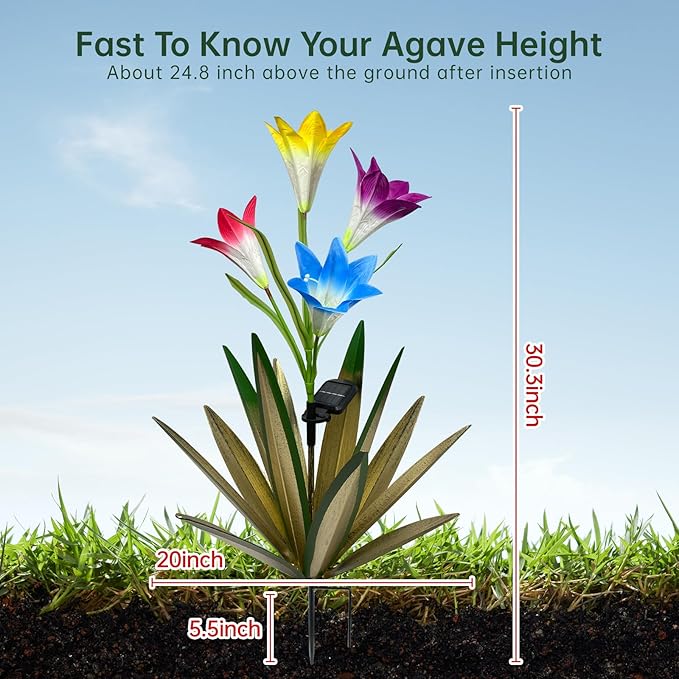 Homight Solar Metal Agave Lily Flower Garden Sculpture with LED Lights 30.3 Inch Waterproof Outdoor/Indoor Yard Decor Handmade Lawn Ornament Gift for Family Friends (3, Green)
