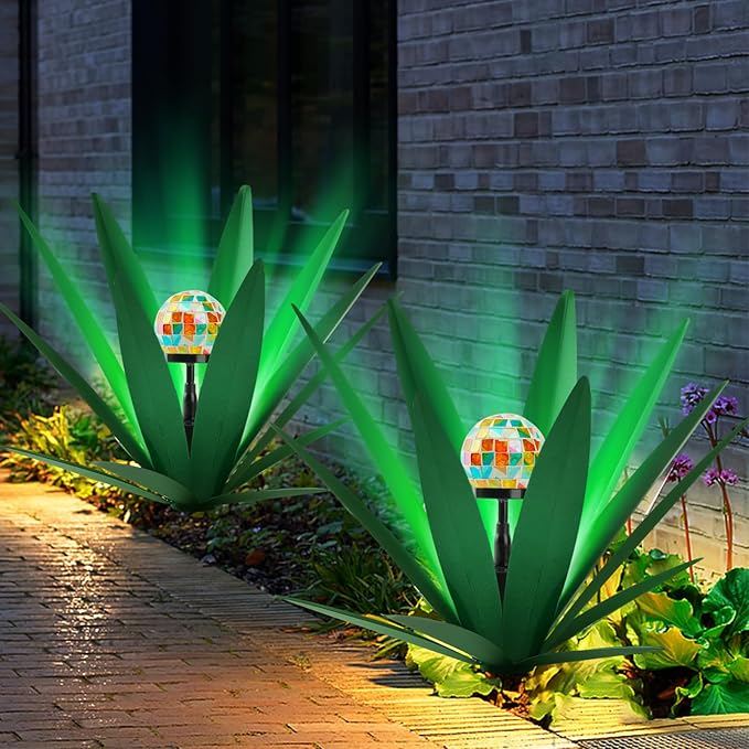 TOMBABY Solar Rustic Garden Style Metal Agave Plants Outdoor Patio, Home Decor Hand-Painted Metal Agave Garden Patio Statues, Suitable for Desert Areas, Outdoor Lawn Decorations (1 Solar Green)