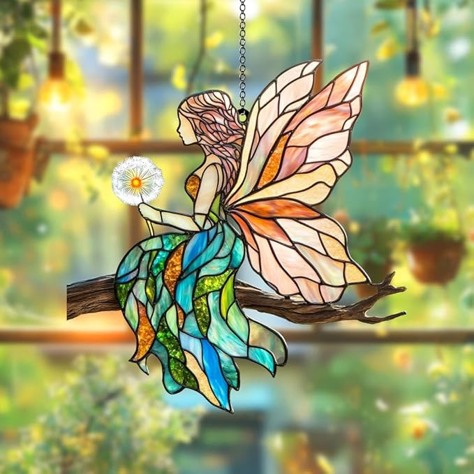 Fairy Cottagecore Acrylic Suncatcher, Boho Suncatchers for Window Hangings, Stained Glass Effect Indoor Outdoor Garden Decor for Cottagecore Lover, Gifts for Mother's Day, Mom, Grandma, Wife, Women