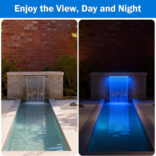 AquaMiracle Pond Waterfall Kit with Lights | 12" Stainless Steel Waterfall Spillway & 850GPH Water Pump | 4-Stage Filtration | Remote Control LED | for Pond, Pool, Backyard | for 500-750 Gal Water