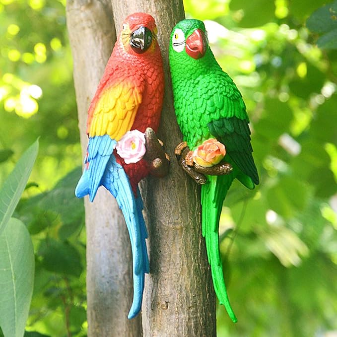 12.7in Artificial Bird Resin Parrot Statue Christmas Tree Ornaments, LifeSize Tropical Birds Decor for Palm Tree, Fake Parrot Decorations for Wreaths DIY Crafts, Tree Faces Animal(Red)