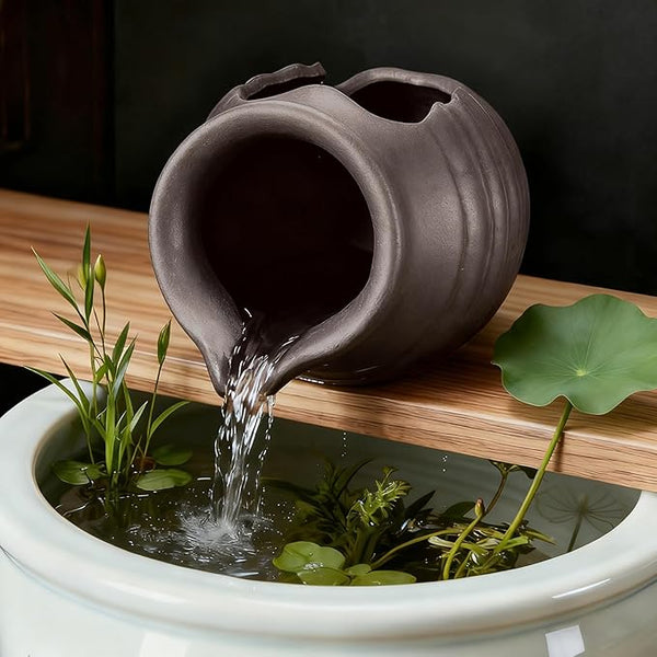 M METERXITY Ceramic Garden Fountain Spitter, Clay Pot Ecological Tank for Pond/Backyard Water Feature/Cave Waterfall/Landscaping, DIY Water Flow Jar Hydroponic Vase [5.5in, Vintage Brown]
