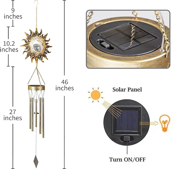Sun Solar Wind Chimes for Outside Lights Prefert Gifts for Mom Wife Unique Crackle Glass LED Warm Light Outdoor Hanging Decor Windchimes for Garden Yard Patio Christmas Birthday Mothers Day