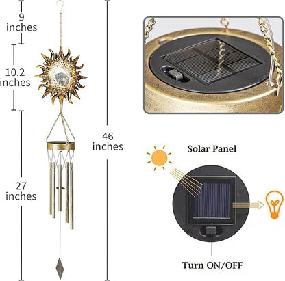 Sun Solar Wind Chimes for Outside Lights Prefert Gifts for Mom Wife Unique Crackle Glass LED Warm Light Outdoor Hanging Decor Windchimes for Garden Yard Patio Christmas Birthday Mothers Day