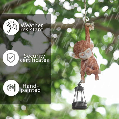 Solar Powered Hanging Monkey Figurine with LED Lantern Resin Climbing Baby Chimpanzee Vine Statue for Garden, Yard, Wall Decor – Waterproof, Durable & Adorable Outdoor Solar Light