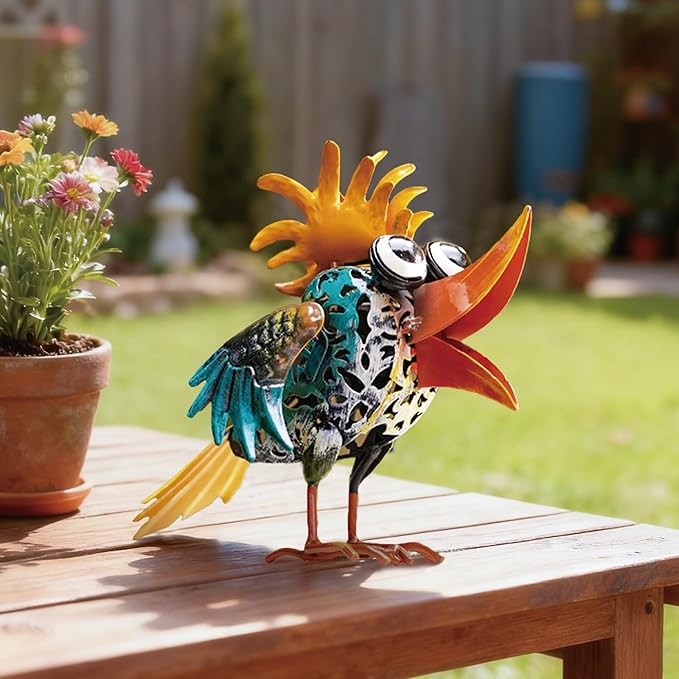 Bird Sculpture Yard Decor - Funny Open Mouth Big Eyes Metal Birds Statue for Garden Patio Lawn Outdoor Standing, Art Figurine Bookshelf Decoration Ornament Gifts for Housewarming Christmas