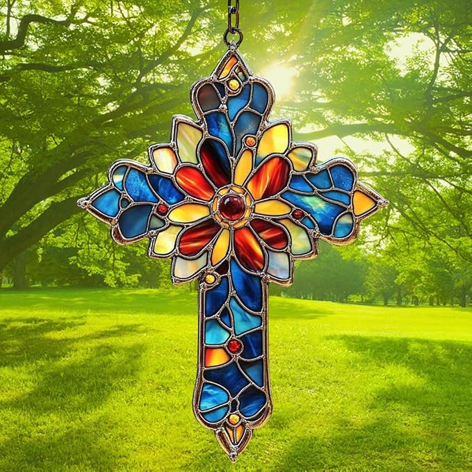 Mosaic Style Cross Acrylic Suncatcher Stained Glass Effect Window Car Hanging Christmas Ornament Indoor Outdoor Decor Garden Memorial Sun Catcher for Family Christmas Jesus Gift for Women Mom Grandma