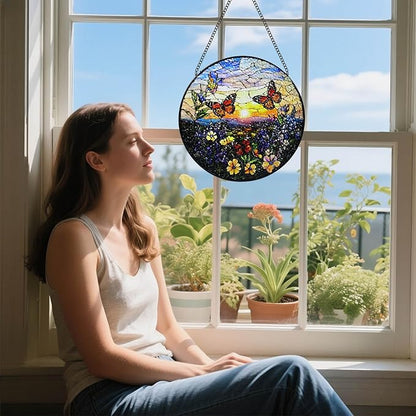 Stained Glass Window Hanging, 8 in Butterfly Sun Catchers, Diamond Glass Panel Landscape Suncatcher for Home Decor - Gift for Women Mother's Day Christmas