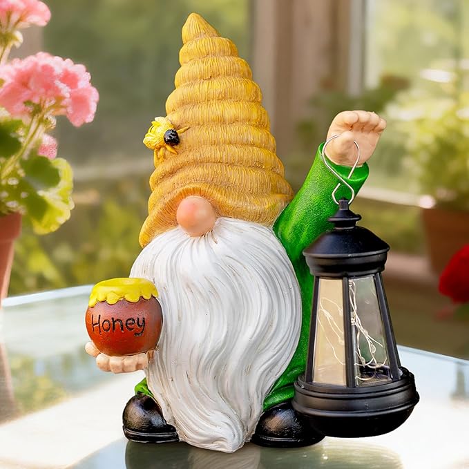 12.3'' Solar Garden Gnomes Outdoor Decor Honey Bee jar Gnome Statues with LED Lantern Spring Patio Lawn Yard Art Decoration Easter Birthday Christmas Gardening Gifts for Mom Dad, Bee Gnome