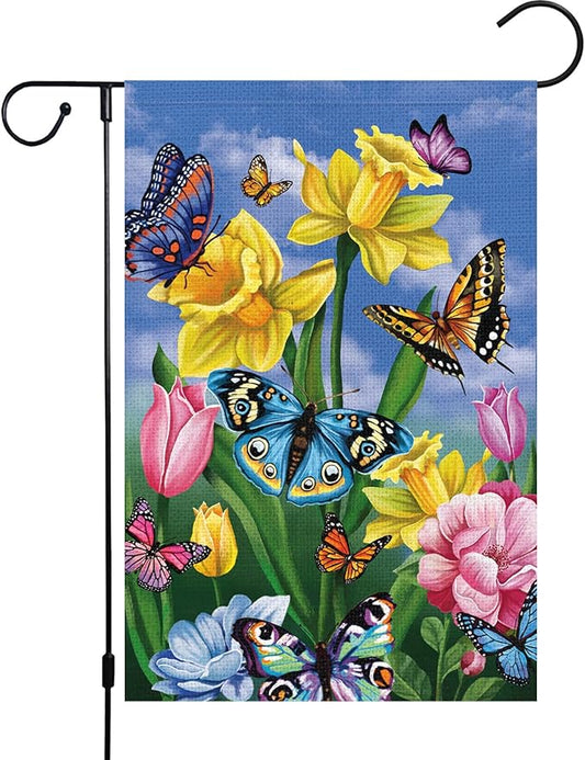 Louise Maelys Spring Daffodil Garden Flag 12x18 Double Sided, Burlap Small Butterfly Floral Flower Welcome Yard House Outside Outdoor Summer Decoration