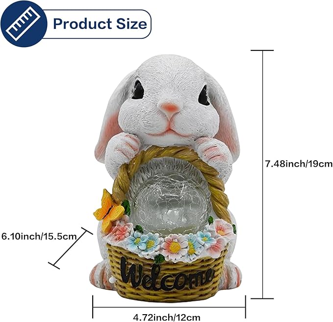 Solar Garden Outdoor Statues Rabbit with Flower Basket, Ideal Gift for Mom, Daddy, Cute Bunny Statue Decor for Lawn, Patio, Yard(White Rabbit)