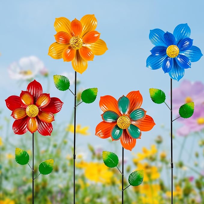 4 Pcs Wind Spinners Outdoor, Small Metal Flower Windmill, Colorful Pinwheels Decorative Floral Garden Stakes for Yard Patio Lawn Garden Decor, 27 x 6 Inches