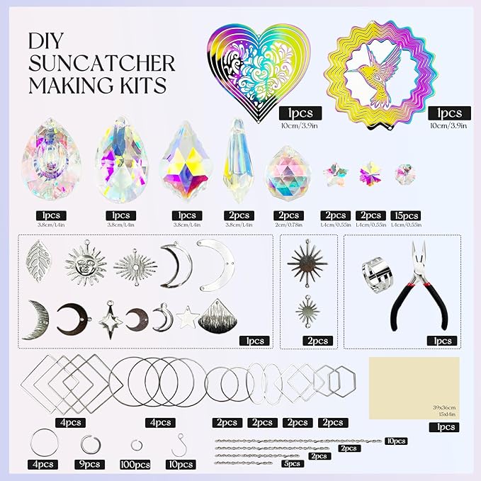 SNAIL GARDEN 202PCS Crystal Suncatcher Kit with 3D Wind Spinners,DIY Suncatcher Kits for Adults,Rainbow Window Prism Hanging Crystals,Colorful Ornament Pendant Window Charms for Garden,Car,Bedroom