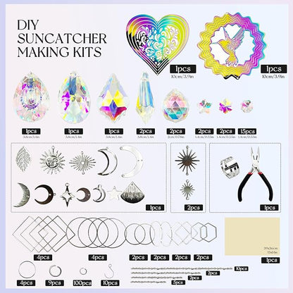 SNAIL GARDEN 202PCS Crystal Suncatcher Kit with 3D Wind Spinners,DIY Suncatcher Kits for Adults,Rainbow Window Prism Hanging Crystals,Colorful Ornament Pendant Window Charms for Garden,Car,Bedroom