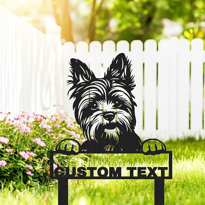 Custom Yorkshire Terrier Yard Sign with Stakes, Personalized Metal Garden Stake Lawn Sign with Dog Sculpture Animal Plaque, Customized Dog House Decor Garden Sign for Outdoor Lawn Backyard