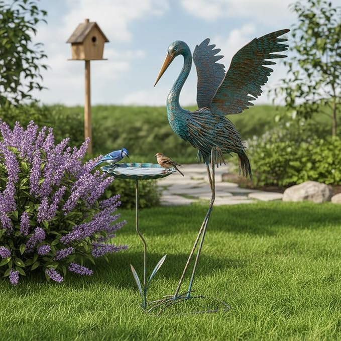 Heron Outdoor Statues with Leaf Tray, Large Crane Garden Statue for Outside, Elegant Metal Crane Yard Art Garden Decor for Garden Yard, Porch