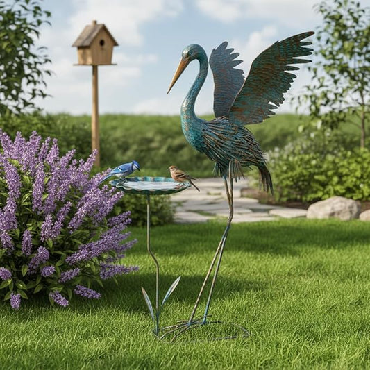 Heron Outdoor Statues with Leaf Tray, Large Crane Garden Statue for Outside, Elegant Metal Crane Yard Art Garden Decor for Garden Yard, Porch