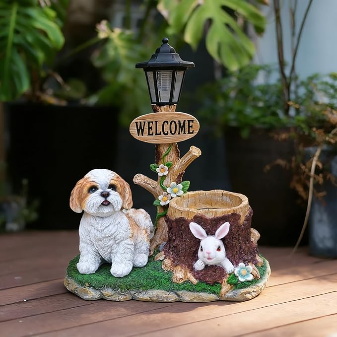 20" Solar Shih Tzu Garden Statue with Welcome Sign & Planter - Large Dog Sculpture with LED Street Lantern - Weatherproof Resin Decorative Flower Pot for Porch, Yard & Patio - Pet Lover Gift