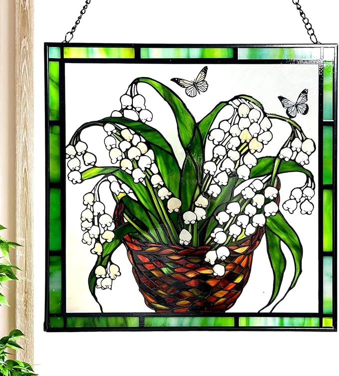 8'' Lily of The Valley and Butterflies Stained Glass Panel Suncatcher Window Hanging – Square Decorative Art for Home, Office, and Garden – Handcrafted Real Glass with Metal Frame