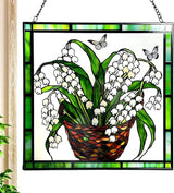 8'' Lily of The Valley and Butterflies Stained Glass Panel Suncatcher Window Hanging – Square Decorative Art for Home, Office, and Garden – Handcrafted Real Glass with Metal Frame