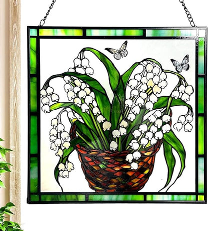 8'' Lily of The Valley and Butterflies Stained Glass Panel Suncatcher Window Hanging – Square Decorative Art for Home, Office, and Garden – Handcrafted Real Glass with Metal Frame