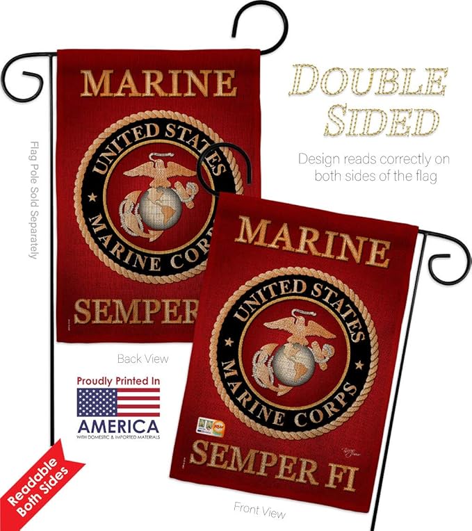 Marine Corps Burlap Garden Flag - Pack Armed Forces USMC Semper Fi United State American Military Veteran Retire Official USA Applique - House Banner Small Yard Gift Double-Sided Made In 13 X 18.5