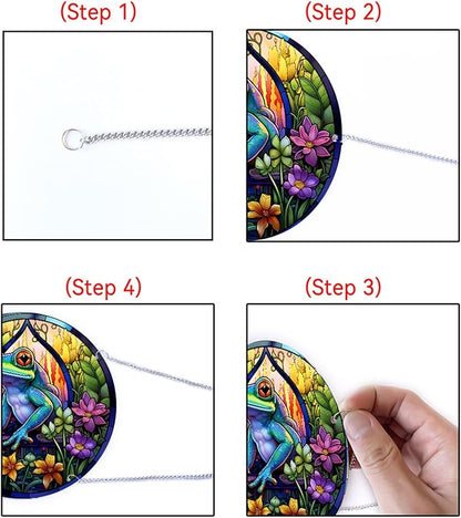 Stained Glass Window Hanging, Green Frog Flower Sun Catchers Colorful Glass Panel Cute Suncatcher Decor for Birthday for Women, Men, Wife, Aunt, and Mom 5.9x5.9 in